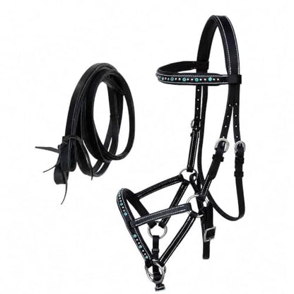 Horse Western Leather Beaded Bitless Sidepull Bridle Reins Rhinestone - color: Black/Turquoise