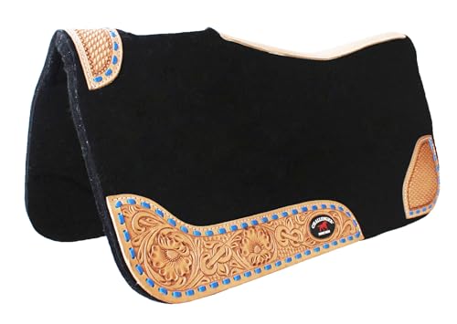 30"x 30" Horse SADDLE PAD Western Contoured Wool Felt Moisture Wicking 39RT - color: Black Tan Leather Blue stitch, size: 30" Spine x 15" Drop, 3/4" Thick
