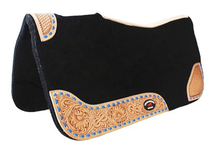 30"x 30" Horse SADDLE PAD Western Contoured Wool Felt Moisture Wicking 39RT - color: Black Tan Leather Blue stitch, size: 30" Spine x 15" Drop, 3/4" Thick