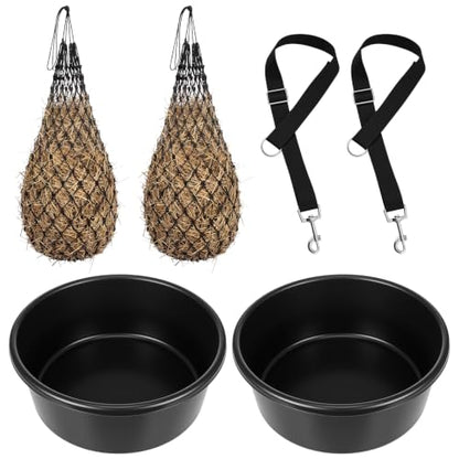 6 Pcs Horse Supplies Set 2 Hay Bags 2 Heavy Duty Rubber Feed Pans 2 Horse Bucket Strap Hangers for Slower Feeding Hay Bag Hanging Stable Trailer