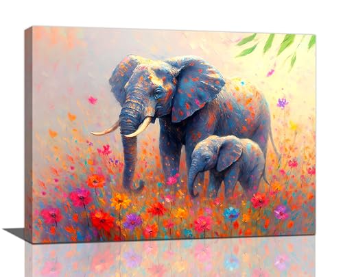 Funny Elephant Canvas Wall Art Colorful Flowers Elephant Painting Pictures Print Artwork Decoration for Bathroom Bedroom Nursery Wall Decor Canvas Framed Gifts 12”X16” - color: Banksy Elephant, size: 16"L x 12"W