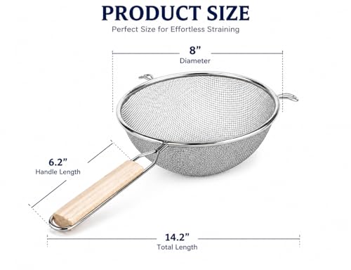 Huji 8-Inch Stainless Steel Double Mesh Food Strainer Colander - Fine Sieve Sifter with Wooden Handle for Kitchen Cooking, Pasta, Rice, Noodles, and More
