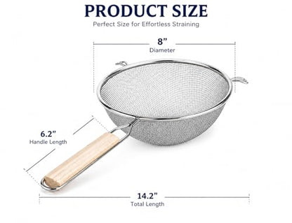 Huji 8-Inch Stainless Steel Double Mesh Food Strainer Colander - Fine Sieve Sifter with Wooden Handle for Kitchen Cooking, Pasta, Rice, Noodles, and More