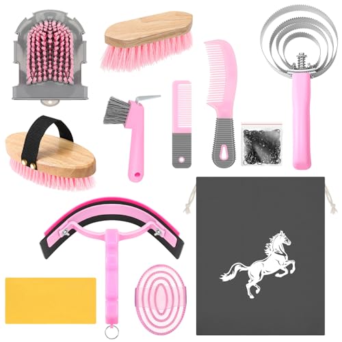 Abbylike 12 Pieces Horse Grooming Kit Equine Care Brushes, Pink and Grey - color: Gray