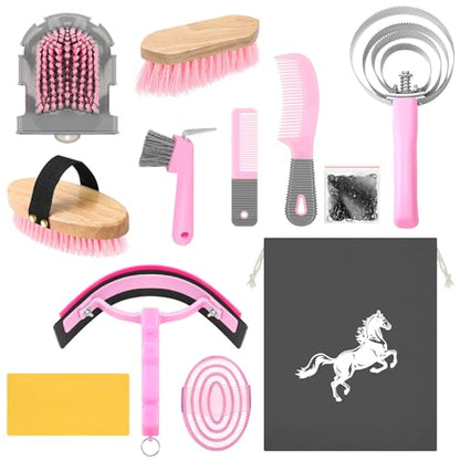 Abbylike 12 Pieces Horse Grooming Kit Equine Care Brushes, Pink and Grey - color: Gray