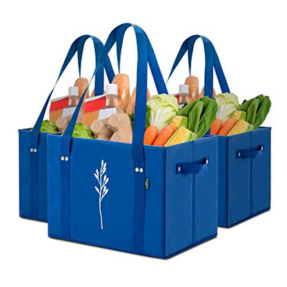 Green Bulldog Reusable Grocery Bags - Heavy Duty Reusable Shopping Tote Bags W/Long Handles, Foldable & Collapsible, Holds Up to 65 lbs - for Kitchen, Picnic 3 Pack - color: Blue | 3pck