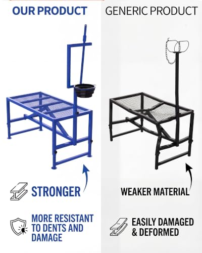Heavy Duty 400LBS Goat Stand with Feed Bin, 35 Inch Goat Milking Stand Adjustable Headpiece & Legs, Livestock Table for Grooming, Shearing, Physical Examination, Blue | Adjustable 35-Inch Platform, Headpiece & Legs, Stanchion for Grooming, Shearing, and P
