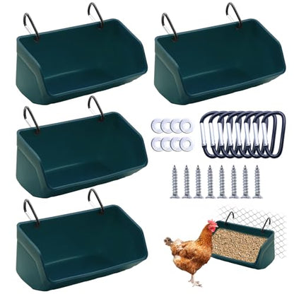 Fence Hanging Chicken Feeder - 4 Pack Feed Trough with Clips for Goat Duck Sheeple Horse Goose, Pig Poultry, Chicken Feeder Bucket Feeding Container for Livestock (Green) - color: Green