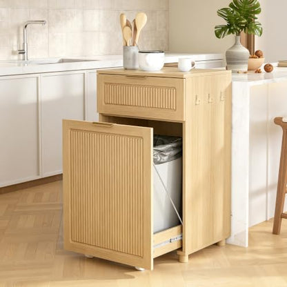 Freestanding Pull Out Trash Can Cabinet with Drawer & Side Hooks,Pet Proof Hidden Waste Bin Storage Cabinet Fits 7 10 13 Gallon Trash Cans for Kitchen Laundry Room Bathroom (Trash Can Cabinet - Oak) - color: Trash Can Cabinet - Oak