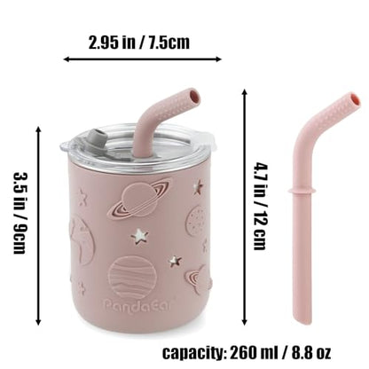 PandaEar 6-in-1 Stainless Steel Baby Feeding Set | Divided Suction Plate, Bowl, Sippy Cup with Straw, Bib, Spoon & Fork | BPA-Free Toddler Feeding Essentials for Self-Feeding (Pink) - color: Pink