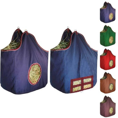 Derby Originals Large 24 OZ Canvas Horse Hay Bag 2 Sided Combo Design X Wide Gusset and 6 Month Warranty - color: Navy/Burgundy
