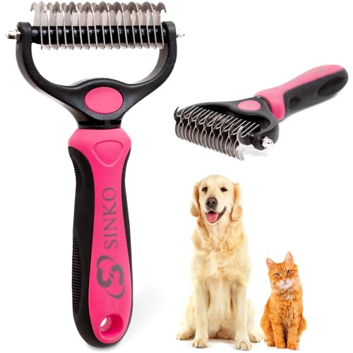 Sinko Shedding Brush For Dog and Cat, Undercoat Rake with Extra Wide Double-Sided Stainless Teeth for Detangling, Deshedding, Brushing & Removing Shed Fur, Knots, Mats, and Tangles in Pets (Pink) - color: Pink