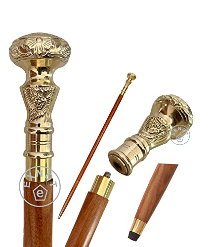 Vintage Brass Handle Victorian Telescope Fold able Wooden Walking Stick Walking Cane Ideal Gift
