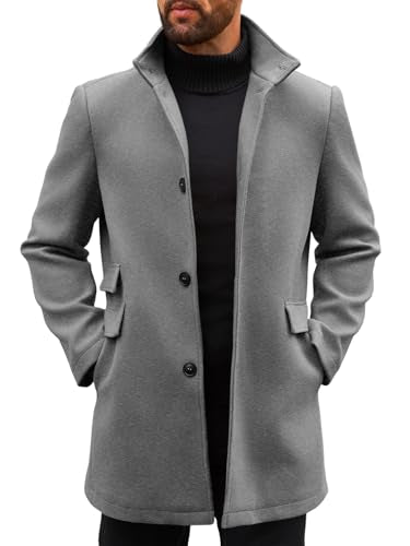 Runcati Mens Pea Coat Single Breasted Mid Long Trench Coat Overcoat | Slim Fit, Stand Collar, Fall Winter, Jacket, Pocket, Warm, Casual, Dress, Business, Christmas Gift - color: Gray, size: Medium