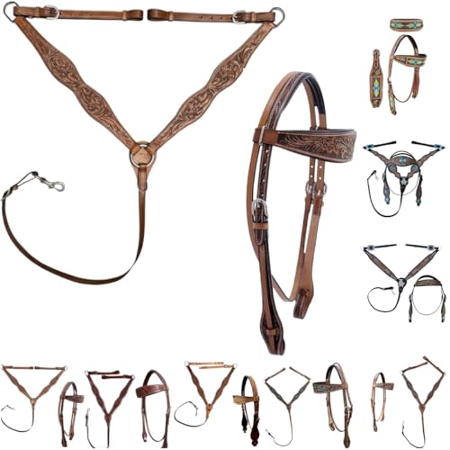 Majestic Ally Tooled Leather Western Headstall & Breast Collar Set – Handcrafted Leather, Classic Western Tack, Multiple Styles & Designs - style: 0986-NAT