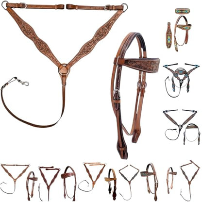 Majestic Ally Tooled Leather Western Headstall & Breast Collar Set – Handcrafted Leather, Classic Western Tack, Multiple Styles & Designs - style: 0986-NAT