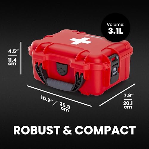NANUK 904 Waterproof First Aid Kit 110pcs – Durable, Pre-Stocked First Aid Emergency Kit with Bandages, Tick Removal Tool, and More – Dustproof, Impact-Resistant, Floats (10.2" x 7.9" x 4.5") – Red