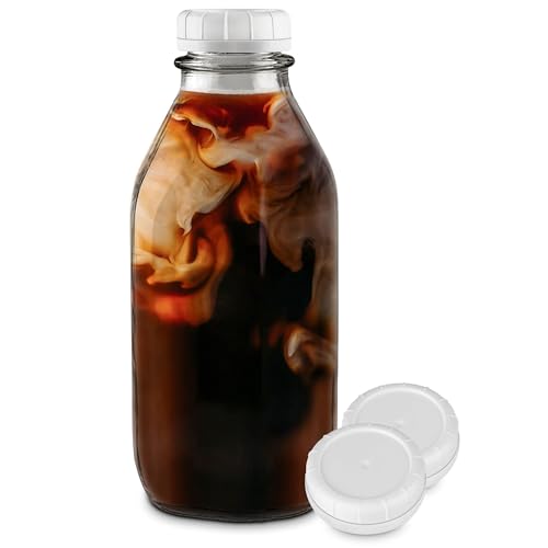 Stock Your Home Liter Glass Milk Bottle with Lid (1 Pack) 32 Oz Jugs and 3 White Caps, Reusable Food Grade Milk Container for Refrigerator, Bottles for Juice, Oat or Plant Milks, Water, Honey - size: 32oz, style: 1 Pack