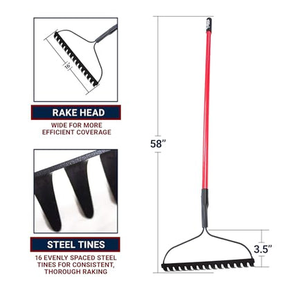 Bully Tools Bow Rake 16" Tines, Heavy Duty Steel Garden Rake for Leaves