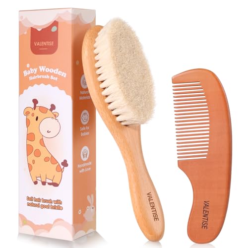 Baby Hair Bush and Comb Set,Baby Hair Brush with Soft Goat Bristle and Wood Comb Set,Wooden Baby Brush Set for Newborns & Toddlers,Good for Cradle Cap Brush