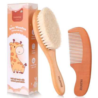 Baby Hair Bush and Comb Set,Baby Hair Brush with Soft Goat Bristle and Wood Comb Set,Wooden Baby Brush Set for Newborns & Toddlers,Good for Cradle Cap Brush