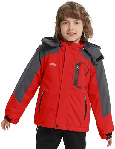 Wantdo Boy's Waterproof Ski Jacket Fleece Snowboarding Jackets Warm Thick Winter Coat Hooded Raincoats - color: Red, size: 14-16