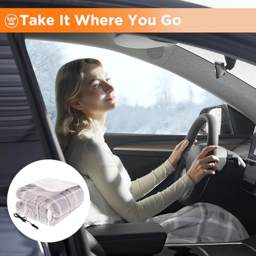 Westinghouse Heated Car Throw, Machine Washable, 59x43 Beige Buffalo Plaid - color: Beige Plaid