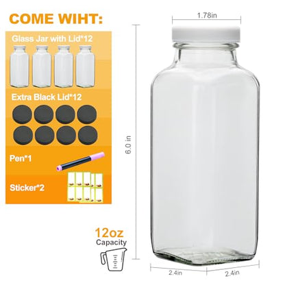 12PCS Juicing Bottles Reusable Glass,12 OZ Glass Jars with Lids - size: 12 Ounces
