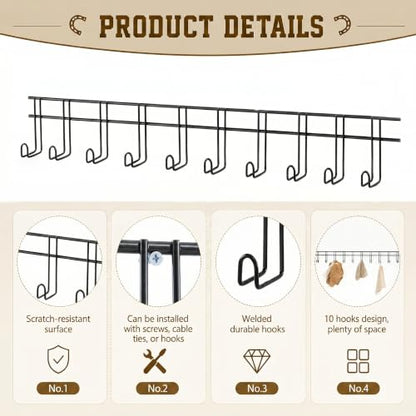 Yaocom 10 Hook 2 Pcs Bridle Hooks Tack Room Metal Wall Hangers Rack, Black - style: 10 Hook