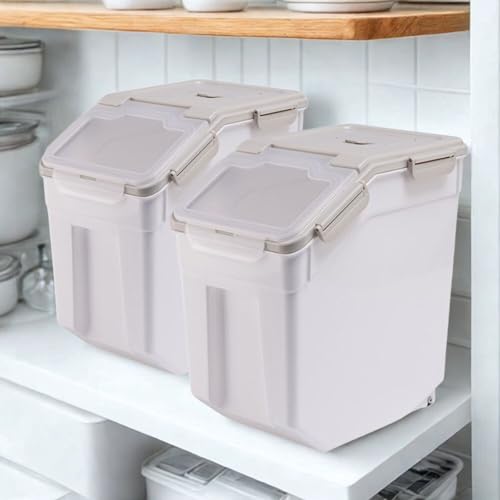 2 Pack Rice Storage Container 25 lbs, Airtight Flour Storage Containers with Lid and Wheels, Measuring Cup & Scoop, BPA Free, Bulk Food Dispenser for Sugar, Grain, Cereal, Dog Food (Grey) - color: 2Pcs 25LB Grey
