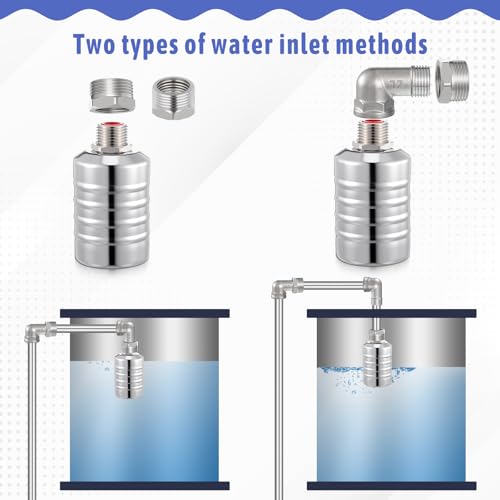 2 Packs 304 Stainless Steel Float Valve Automatic Water Level Control Float Valve 1/2" To 3/4'' Auto Shut off Water Tank Floats with Side/Top Entry for Fish Tank Swimming Pool Troughs