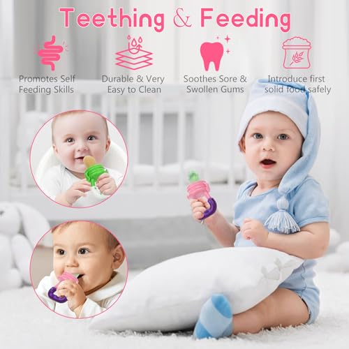 Baby Fruit Feeder Pacifier - 5 Pack | 2 Mesh Infant Food Feeder Pacifier & 1 Baby Food Dispensing Spoon | Fresh Fruit Teethers for Babies |Shower Gifts for Boys and Girls (Pink & Green) - color: 06-Pink