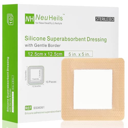 NeuHeils Silicone Super Absorbent Wound Dressing 5"x5", 10 Pack for Bedsore | Pressure Ulcers, Bedsores, Post-surgical Wounds and Cuts, Soft Gauze Island Dressing, Waterproof Bandage for Heavy Exudate - size: 5''x5'' (10 Packs)