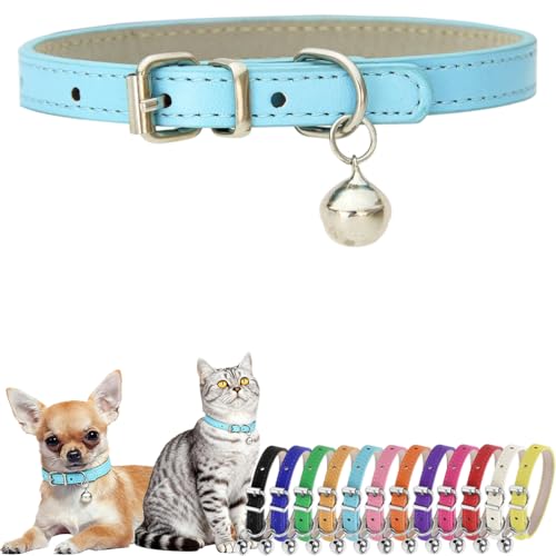 Collar with Bell, PU Leather Male Cat Collar with Bells Light Blue, XXS - color: Sky Blue, size: XXS (5-8 inches)
