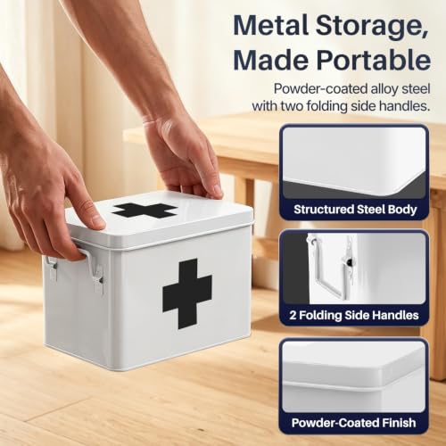 Flexzion Large Metal First Aid Box Empty, 8.5-Inch, White with Black Cross - color: White - Black Cross, size: 8.5 Inch without Latch Lock