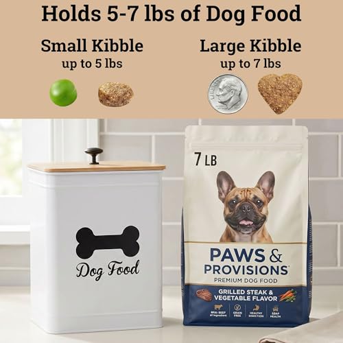 Metal Dog Food Container 5-7lb, 25 Cup w/ Airtight Bamboo Lid, Metal Handle - color: White: Bone
