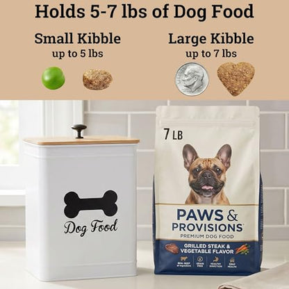 Metal Dog Food Container 5-7lb, 25 Cup w/ Airtight Bamboo Lid, Metal Handle - color: White: Bone