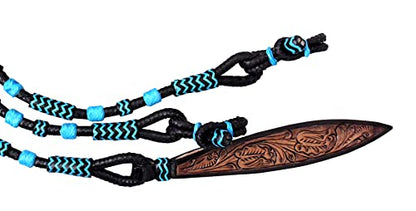 Black Rope with Turquoise Knots Raw Hide Leather Horse Tack Hand-Braided Romal Romel Reins Hand Carved Leather Popper Ranch Rope/RopeReins-8.5 Ft, 52' Romel