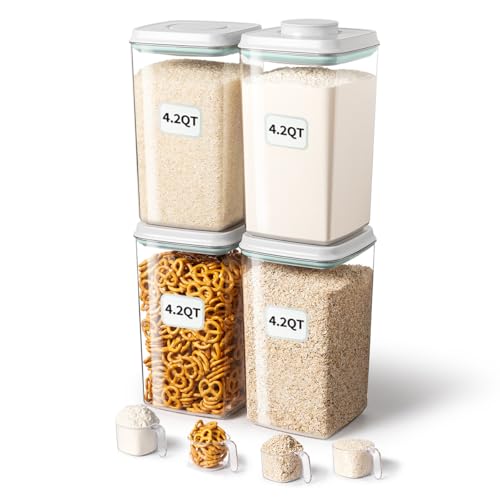 Ankou Airtight Food Storage Container with Pop Lid & 130ml Scoop, 4L/4.2qt *4 BPA-Free Cereal, Rice, Flour, Pasta & Snack Container, Stackable & Durable,Kitchen Pantry Organizer - color: 4L * 4