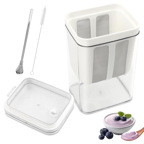 1100ml Greek Yogurt Maker & Strainer with Straw Spoon, Brush & Mesh Bag | 1.16Qt Multiuse strainer with fine mesh bag & lid. Makes yogurt, nut milk, juice, kefir & tofu. Straw spoon & brush included. - size: 1100ML