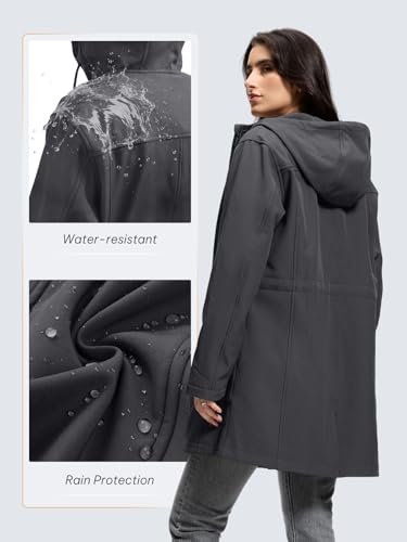SaphiRose Women's Waterproof Rain Jacket with Fleece Lining Hooded Windbreaker Long Warm Outdoor Softshell Coat - color: Dark Grey, size: XX-Large