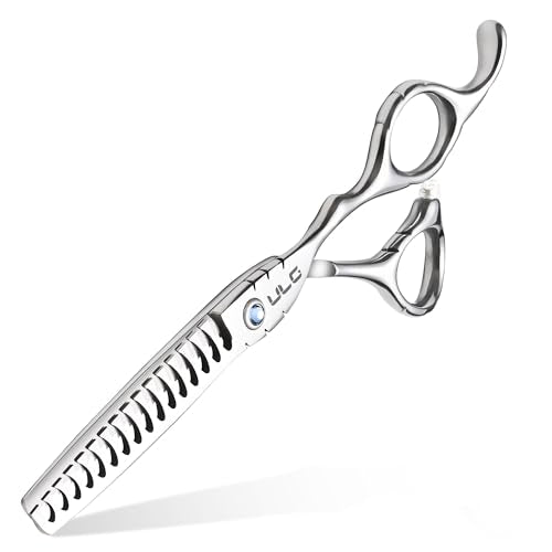ULG Hair Thinning Scissors 6.7” Shark Series 100% Japanese Stainless Steel, Offset Handle, 16-Tooth Fishbone Chunker 45% Hair Removal, Professional Barber Layering Shears for Salon & Home Hair Styling - color: Blue01
