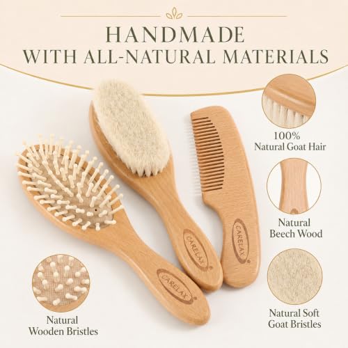 Baby Hair Brush & Comb Set, Organic Wooden Hairbrush Natural Goat Bristles for Newborns & Toddlers, Ideal for Cradle Cap & Itching, Perfect Shower and Registry Gift for Infant, Toddler (3 Piece Set) - size: 3 Piece Set