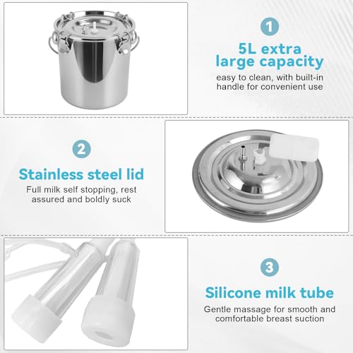 Cow Goat Milking Machine Electric Milker, Stainless Steel Bucket with Adjustable Pulsation Vacuum System, Portable Automatic Milking Machine for Small Farm and Home Dairy Ordeñadoras Lecheras (5L) - size: 5L