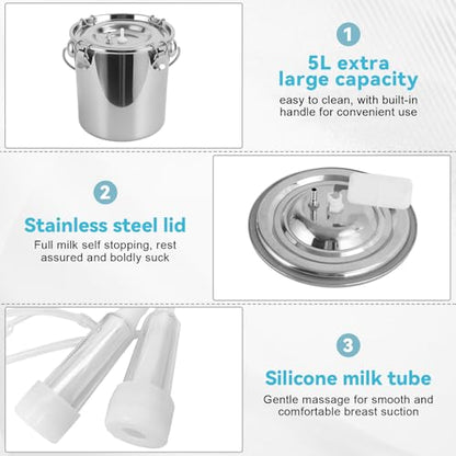 Cow Goat Milking Machine Electric Milker, Stainless Steel Bucket with Adjustable Pulsation Vacuum System, Portable Automatic Milking Machine for Small Farm and Home Dairy Ordeñadoras Lecheras (5L) - size: 5L