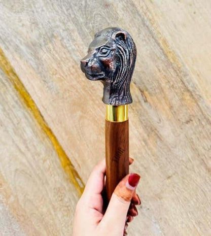 Handmade Solid Brass Head Handle Vintage Style Antique Wooden Walking Stick Cane Gift (3 Fold Wooden Walking Cane) - style: Lion handle stick