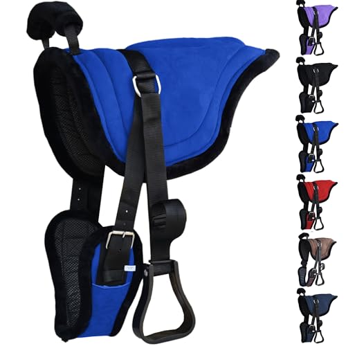Majestic Ally Padded Suede Leather Bareback Pad Horse Riding Pad with Non Slip Breathable Girth & Stirrups - color: Royal Blue