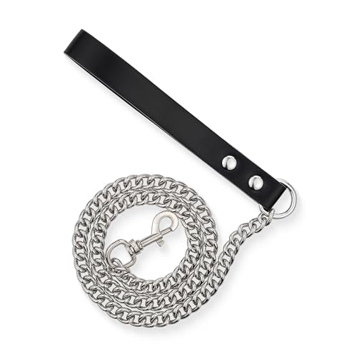 38" Aluminum Chain Leash with Leather Handle for Collar - color: Black&Silver