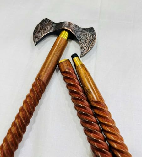 Handmade Solid Brass Head Handle Vintage Style Antique Wooden Walking Stick Cane Gift (3 Fold Wooden Walking Cane) - style: Double axe walking handle stick