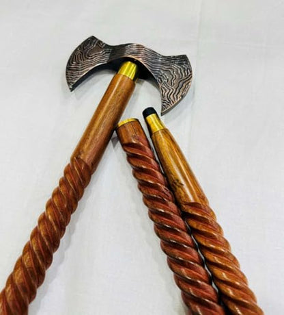 Handmade Solid Brass Head Handle Vintage Style Antique Wooden Walking Stick Cane Gift (3 Fold Wooden Walking Cane) - style: Double axe walking handle stick